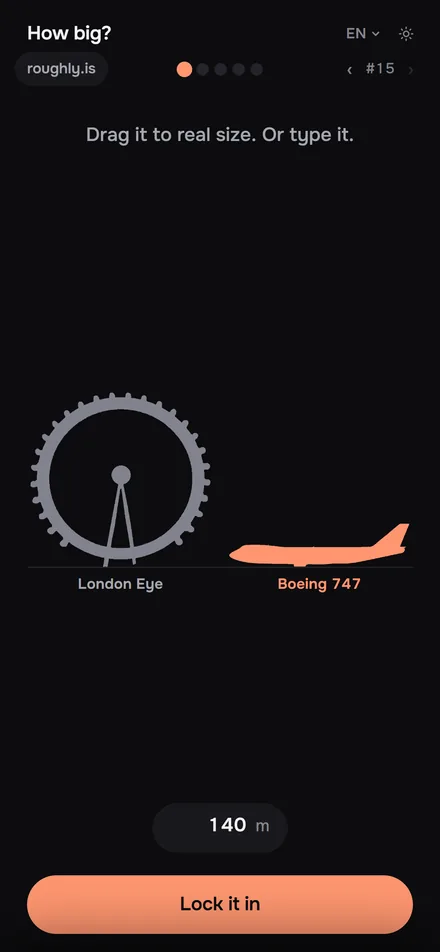 The 747 pulled up to the size of the London Eye beside it, the number running along at 140 metres